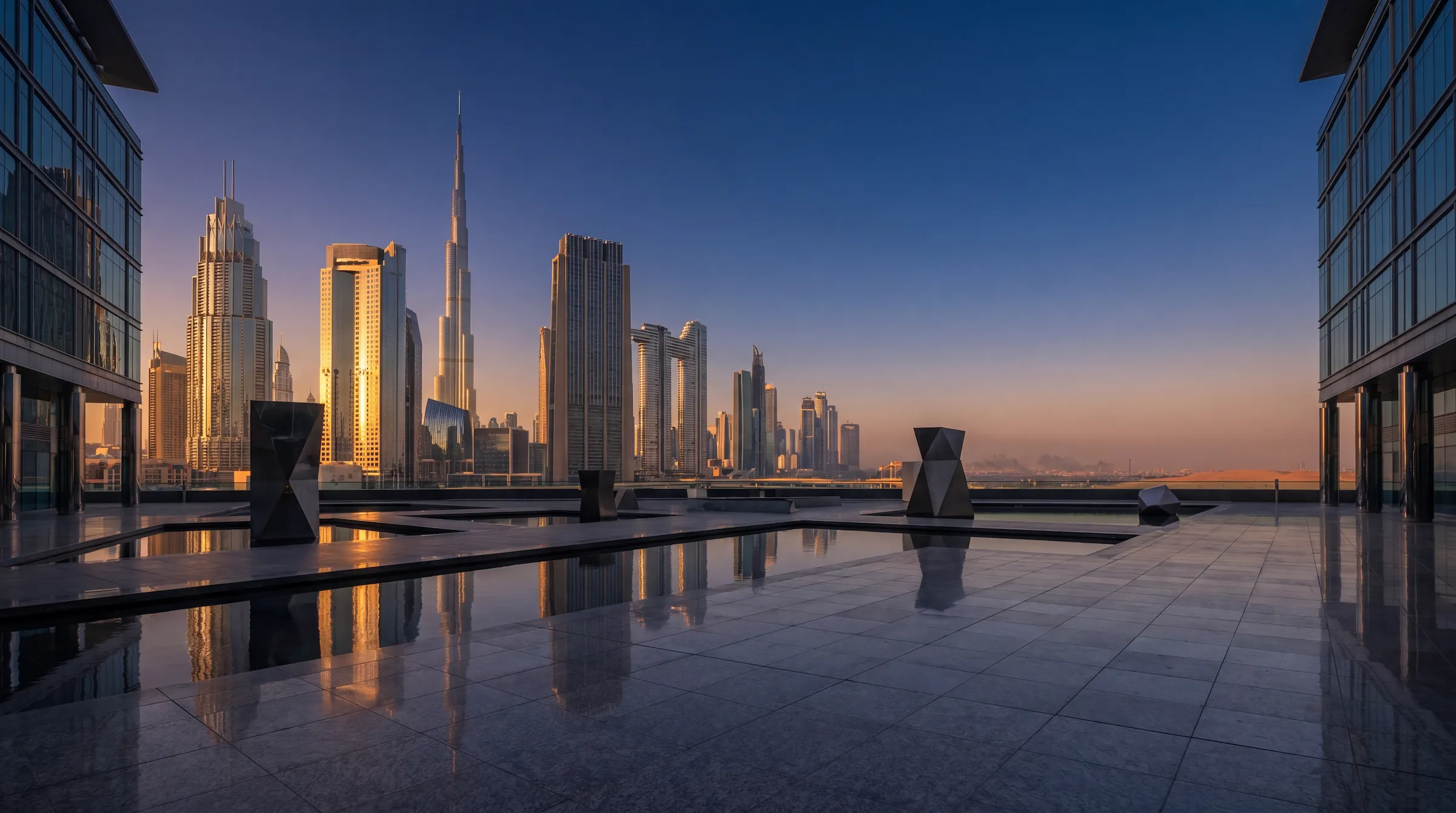 Dubai skyline at dusk, representing TheAICommand Workers Compensation track