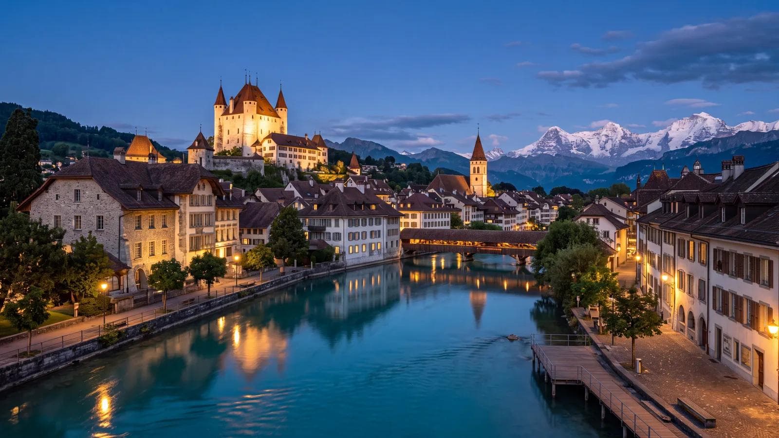 Thun Aare Castle Dusk